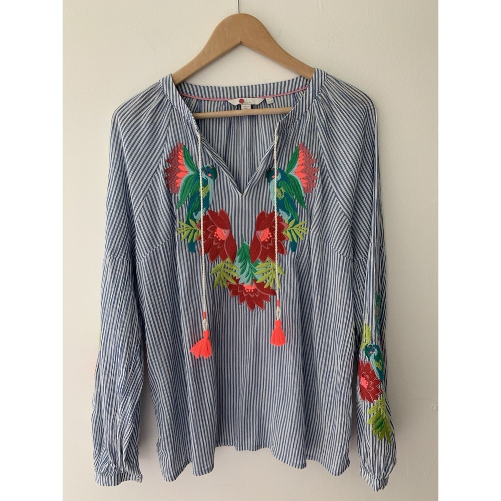 Boden Long Sleeve Peasant Top Sz 10 Blue White Stripe Floral Embroidery Tasseled